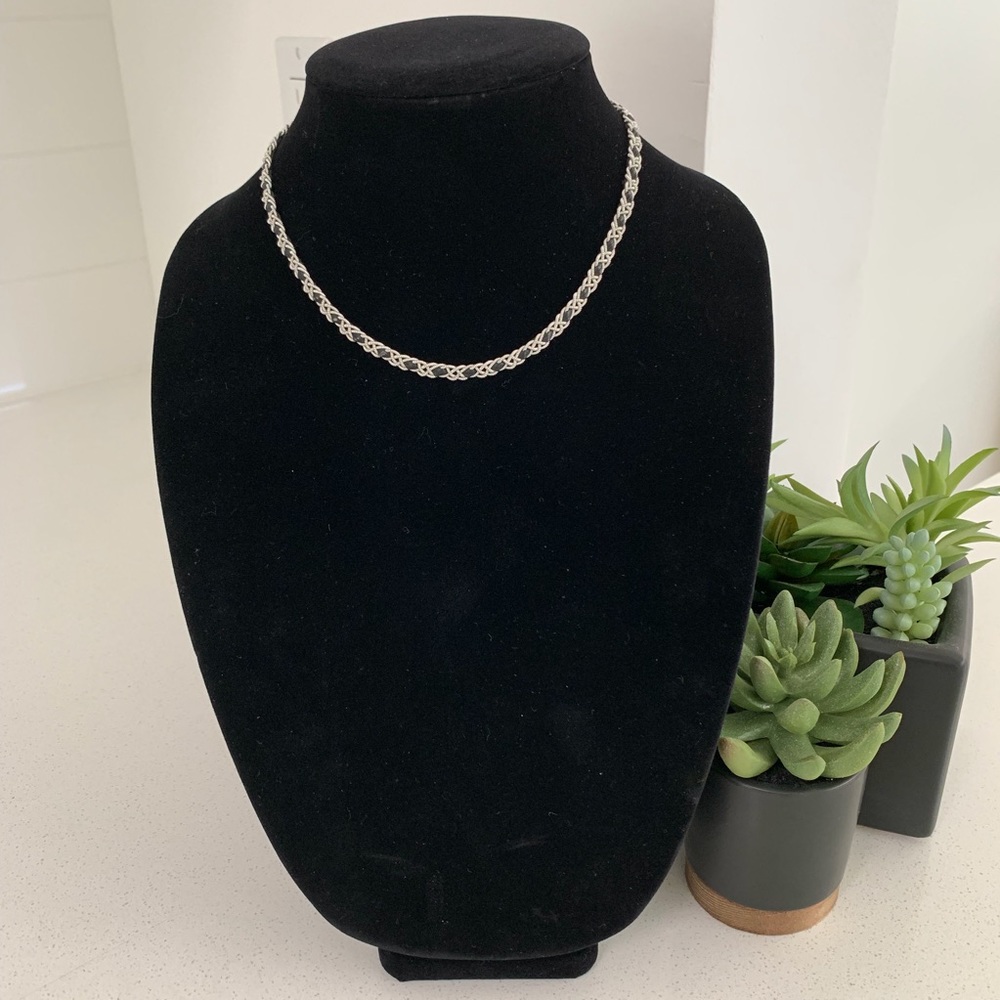 Silver Coiled Rope Chain Black Leather Necklace